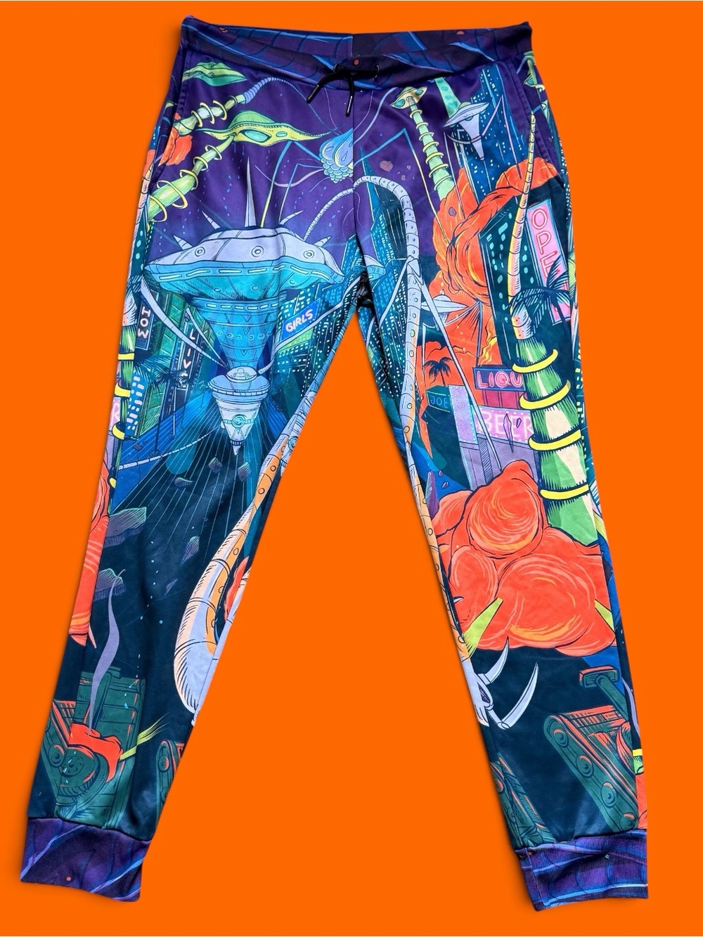 Bona Fide Cyberpunk Alien Graphic Joggers - Sci-Fi Rave Sweatpants Size XL